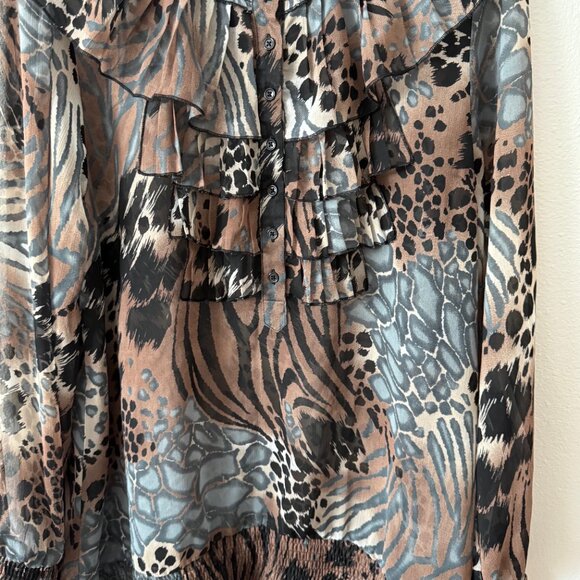V Cristina Unique Sheer Animal Print Ruffled Blouse Size L - Picture 4 of 9